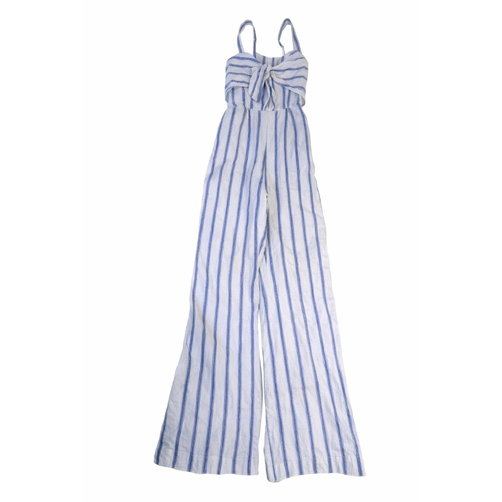 Abercrombie & Fitch Linen Jumpsuit XS Blue White Striped‎ Tie Front Wide Leg